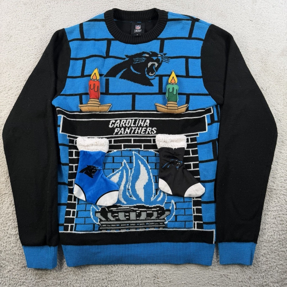 Carolina Panthers Sweater Mens Small Blue Ugly Christmas Stocking NFL Xmas